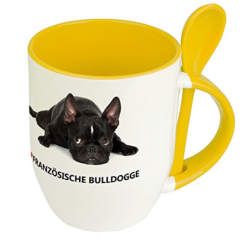 Hundetasse Französische Bulldogge - Löffel-Tasse mit Hundebild Französische Bulldogge - Becher, Kaffeetasse, Kaffeebecher, Mug - Gelb von digital print