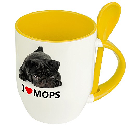 Hundetasse Mops - Löffel-Tasse mit Hundebild Mops - Becher, Kaffeetasse, Kaffeebecher, Mug - Gelb von digital print