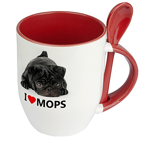 Hundetasse Mops - Löffel-Tasse mit Hundebild Mops - Becher, Kaffeetasse, Kaffeebecher, Mug - Rot von digital print