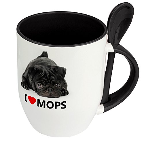 Hundetasse Mops - Löffel-Tasse mit Hundebild Mops - Becher, Kaffeetasse, Kaffeebecher, Mug - Schwarz von digital print
