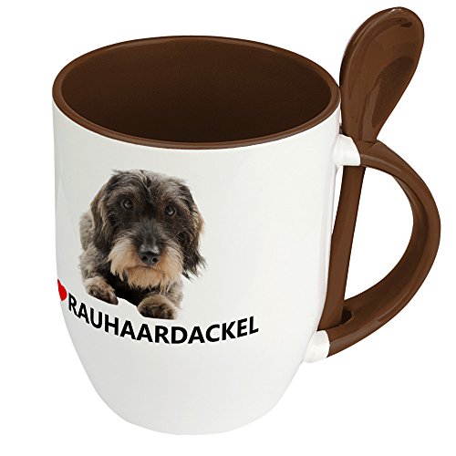 Hundetasse Rauhaardackel - Löffel-Tasse mit Hundebild Rauhaardackel - Becher, Kaffeetasse, Kaffeebecher, Mug - Braun von digital print