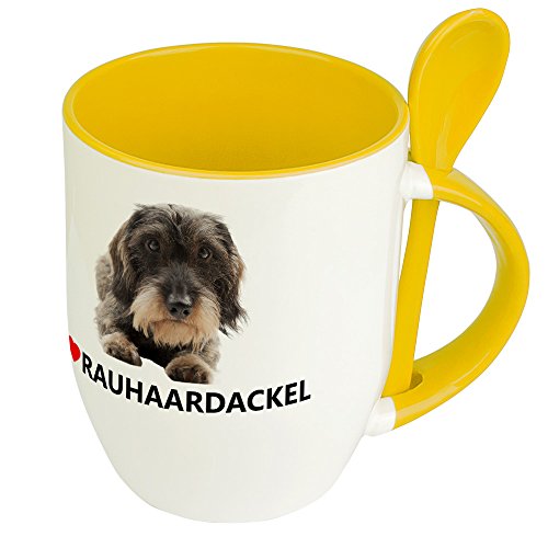 Hundetasse Rauhaardackel - Löffel-Tasse mit Hundebild Rauhaardackel - Becher, Kaffeetasse, Kaffeebecher, Mug - Gelb von digital print