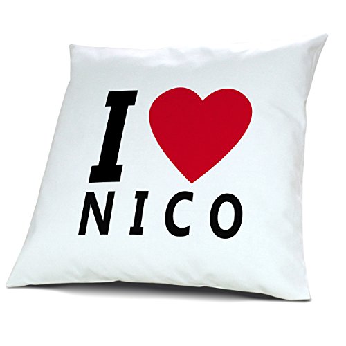 Kopfkissen Nico, Kissen mit Füllung "I Love Nico", 40 cm, 100% Baumwolle, Kuschelkissen, Liebeskissen, Namenskissen, Geschenkidee von digital print