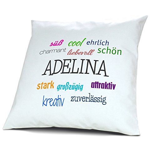 Kopfkissen mit Namen Adelina - Motiv Positive Eigenschaften, 40 cm, 100% Baumwolle, Kuschelkissen, Liebeskissen, Namenskissen, Geschenkidee, Deko von digital print