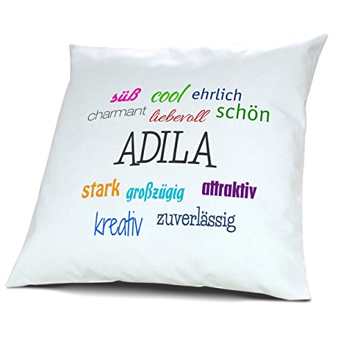 Kopfkissen mit Namen Adila - Motiv Positive Eigenschaften, 40 cm, 100% Baumwolle, Kuschelkissen, Liebeskissen, Namenskissen, Geschenkidee, Deko von digital print