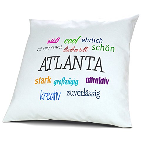 Kopfkissen mit Namen Atlanta - Motiv Positive Eigenschaften, 40 cm, 100% Baumwolle, Kuschelkissen, Liebeskissen, Namenskissen, Geschenkidee, Deko von digital print