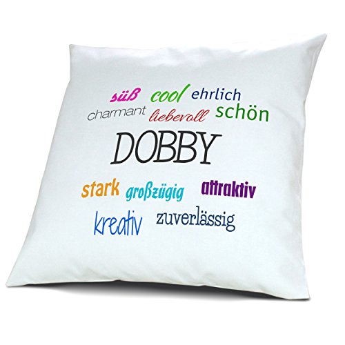 Kopfkissen mit Namen Dobby - Motiv Positive Eigenschaften, 40 cm, 100% Baumwolle, Kuschelkissen, Liebeskissen, Namenskissen, Geschenkidee, Deko von digital print