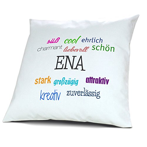 Kopfkissen mit Namen Ena - Motiv Positive Eigenschaften, 40 cm, 100% Baumwolle, Kuschelkissen, Liebeskissen, Namenskissen, Geschenkidee, Deko von digital print