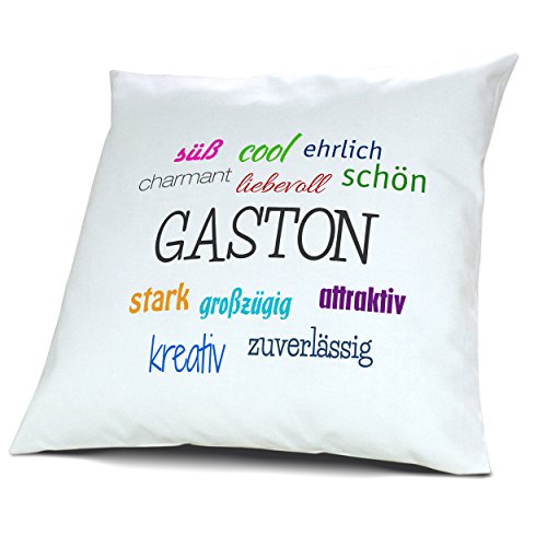 Kopfkissen mit Namen Gaston - Motiv Positive Eigenschaften, 40 cm, 100% Baumwolle, Kuschelkissen, Liebeskissen, Namenskissen, Geschenkidee, Deko von digital print