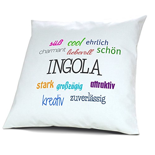 Kopfkissen mit Namen Ingola - Motiv Positive Eigenschaften, 40 cm, 100% Baumwolle, Kuschelkissen, Liebeskissen, Namenskissen, Geschenkidee, Deko von digital print