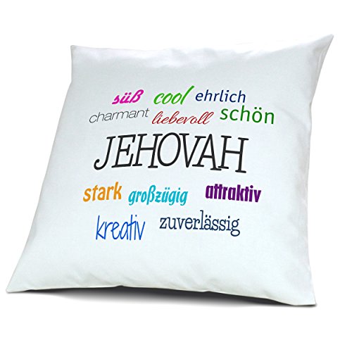 Kopfkissen mit Namen Jehovah - Motiv Positive Eigenschaften, 40 cm, 100% Baumwolle, Kuschelkissen, Liebeskissen, Namenskissen, Geschenkidee, Deko von digital print