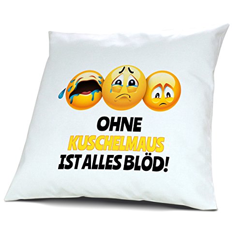 Kopfkissen mit Namen Kuschelmaus - Motiv Ohne Kuschelmaus ist alles Blöd!, 40 cm, 100% Baumwolle, Kuschelkissen, Liebeskissen, Namenskissen, Geschenkidee von digital print