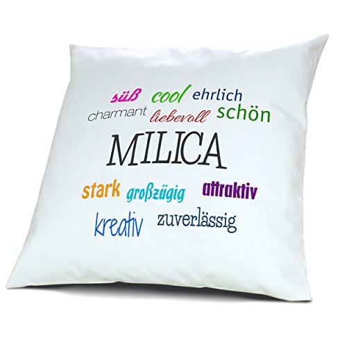 Kopfkissen mit Namen Milica - Motiv Positive Eigenschaften, 40 cm, 100% Baumwolle, Kuschelkissen, Liebeskissen, Namenskissen, Geschenkidee, Deko von digital print