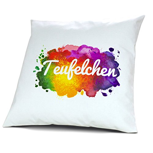 Kopfkissen mit Namen Teufelchen - Motiv Color Paint, 40 cm, 100% Baumwolle, Kuschelkissen, Liebeskissen, Namenskissen, Geschenkidee von digital print