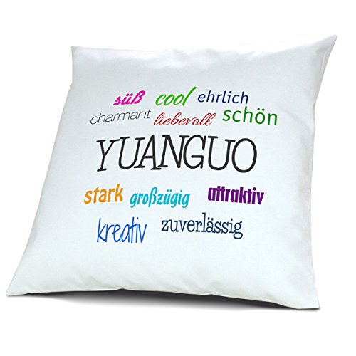 Kopfkissen mit Namen Yuanguo - Motiv Positive Eigenschaften, 40 cm, 100% Baumwolle, Kuschelkissen, Liebeskissen, Namenskissen, Geschenkidee, Deko von digital print