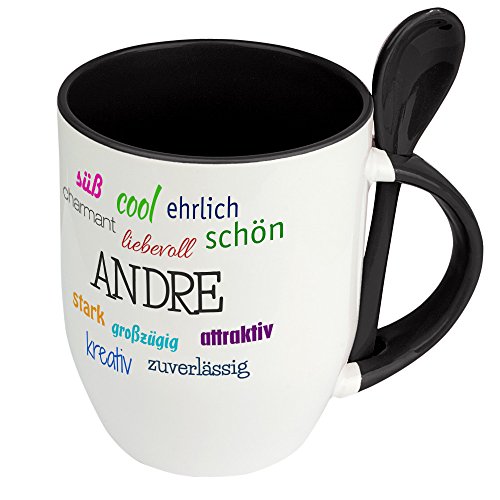 Löffeltasse mit Namen Andre - Positive Eigenschaften von Andre - Namenstasse, Kaffeebecher, Mug, Becher, Kaffeetasse - Farbe Schwarz von digital print