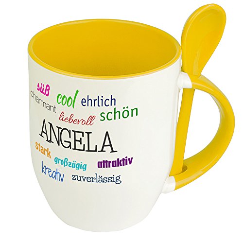 Löffeltasse mit Namen Angela - Positive Eigenschaften von Angela - Namenstasse, Kaffeebecher, Mug, Becher, Kaffeetasse - Farbe Gelb von digital print