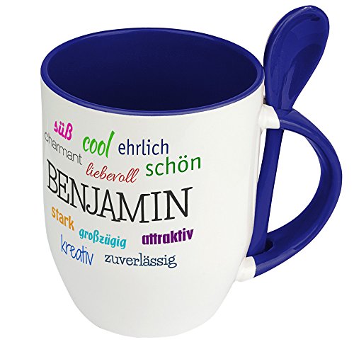 Löffeltasse mit Namen Benjamin - Positive Eigenschaften von Benjamin - Namenstasse, Kaffeebecher, Mug, Becher, Kaffeetasse - Farbe Blau von digital print