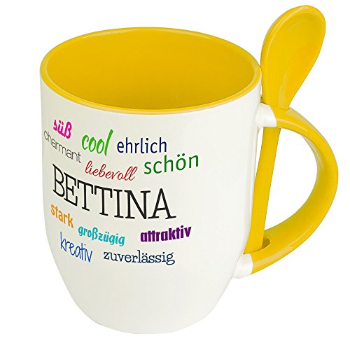 Löffeltasse mit Namen Bettina - Positive Eigenschaften von Bettina - Namenstasse, Kaffeebecher, Mug, Becher, Kaffeetasse - Farbe Gelb von digital print