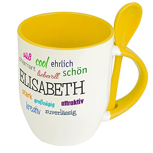 Löffeltasse mit Namen Elisabeth - Positive Eigenschaften von Elisabeth - Namenstasse, Kaffeebecher, Mug, Becher, Kaffeetasse - Farbe Gelb von digital print