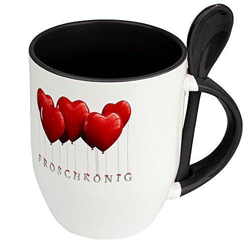 Löffeltasse mit Namen Froschkönig - Motiv Herzballons - Namenstasse, Kaffeebecher, Mug, Becher, Kaffeetasse - Farbe Schwarz von digital print