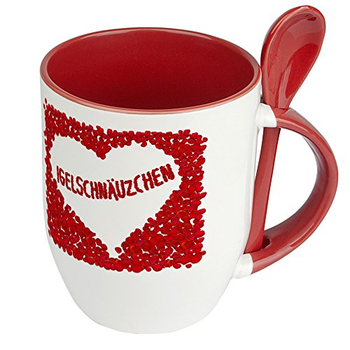 Löffeltasse mit Namen Igelschnäuzchen - Motiv Rosenherz - Namenstasse, Kaffeebecher, Mug, Becher, Kaffeetasse - Farbe Rot von digital print