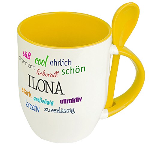 digital print Löffeltasse mit Namen Ilona - Positive Eigenschaften von Ilona - Namenstasse, Kaffeebecher, Mug, Becher, Kaffeetasse - Farbe Gelb von digital print