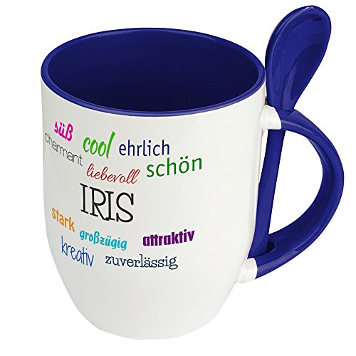 Löffeltasse mit Namen Iris - Positive Eigenschaften von Iris - Namenstasse, Kaffeebecher, Mug, Becher, Kaffeetasse - Farbe Blau von digital print