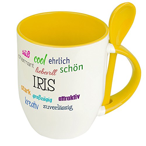 Löffeltasse mit Namen Iris - Positive Eigenschaften von Iris - Namenstasse, Kaffeebecher, Mug, Becher, Kaffeetasse - Farbe Gelb von digital print