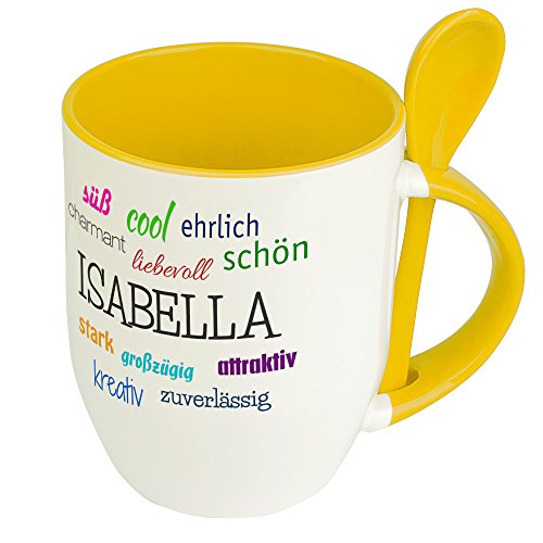 Löffeltasse mit Namen Isabella - Positive Eigenschaften von Isabella - Namenstasse, Kaffeebecher, Mug, Becher, Kaffeetasse - Farbe Gelb von digital print