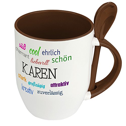 Löffeltasse mit Namen Karen - Positive Eigenschaften von Karen - Namenstasse, Kaffeebecher, Mug, Becher, Kaffeetasse - Farbe Braun von digital print