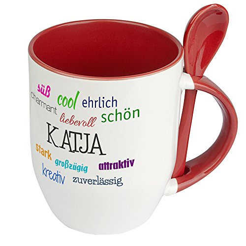 Löffeltasse mit Namen Katja - Positive Eigenschaften von Katja - Namenstasse, Kaffeebecher, Mug, Becher, Kaffeetasse - Farbe Rot von digital print