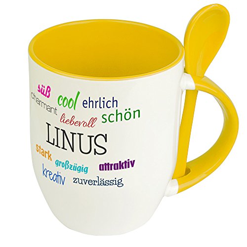 Löffeltasse mit Namen Linus - Positive Eigenschaften von Linus - Namenstasse, Kaffeebecher, Mug, Becher, Kaffeetasse - Farbe Gelb von digital print