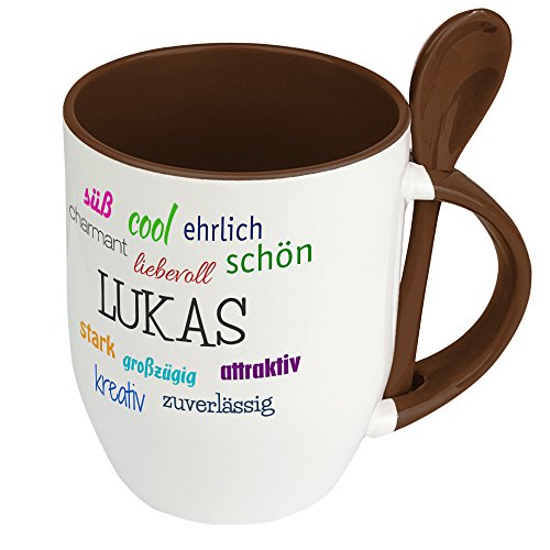 Löffeltasse mit Namen Lukas - Positive Eigenschaften von Lukas - Namenstasse, Kaffeebecher, Mug, Becher, Kaffeetasse - Farbe Braun von digital print