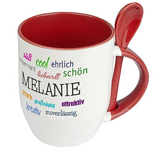 digital print Löffeltasse mit Namen Melanie - Positive Eigenschaften von Melanie - Namenstasse, Kaffeebecher, Mug, Becher, Kaffeetasse - Farbe Rot von digital print