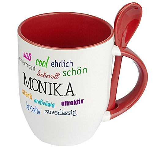 Löffeltasse mit Namen Monika - Positive Eigenschaften von Monika - Namenstasse, Kaffeebecher, Mug, Becher, Kaffeetasse - Farbe Rot von digital print