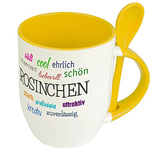 Löffeltasse mit Namen Rosinchen - Motiv Positive Eigenschaften - Namenstasse, Kaffeebecher, Mug, Becher, Kaffeetasse - Farbe Gelb von digital print