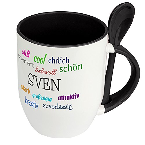 Löffeltasse mit Namen Sven - Positive Eigenschaften von Sven - Namenstasse, Kaffeebecher, Mug, Becher, Kaffeetasse - Farbe Schwarz von digital print