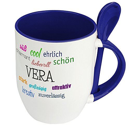 Löffeltasse mit Namen Vera - Positive Eigenschaften von Vera - Namenstasse, Kaffeebecher, Mug, Becher, Kaffeetasse - Farbe Blau von digital print