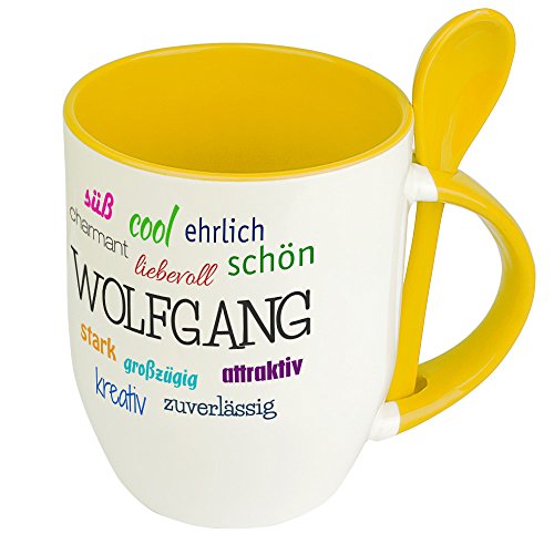 Löffeltasse mit Namen Wolfgang - Positive Eigenschaften von Wolfgang - Namenstasse, Kaffeebecher, Mug, Becher, Kaffeetasse - Farbe Gelb von digital print