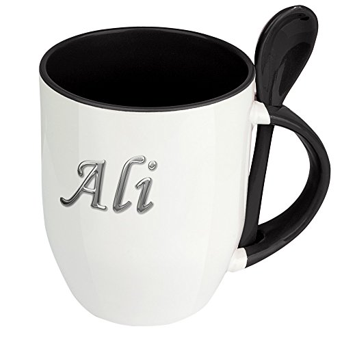 Namenstasse Ali - Löffel-Tasse mit Namens-Motiv Chrom-Schriftzug - Becher, Kaffeetasse, Kaffeebecher, Mug - Schwarz von digital print