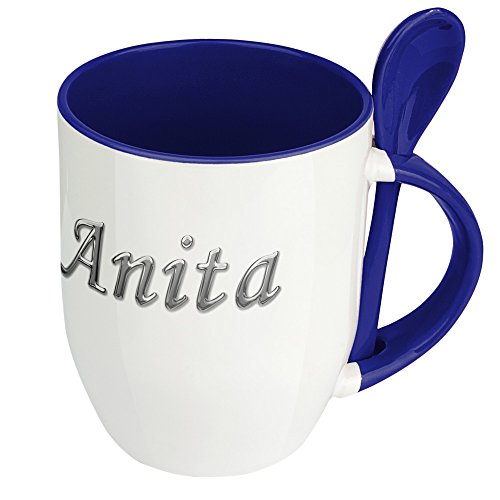 Namenstasse Anita - Löffel-Tasse mit Namens-Motiv Chrom-Schriftzug - Becher, Kaffeetasse, Kaffeebecher, Mug - Blau von digital print