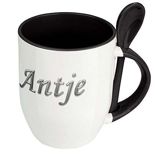 Namenstasse Antje - Löffel-Tasse mit Namens-Motiv Chrom-Schriftzug - Becher, Kaffeetasse, Kaffeebecher, Mug - Schwarz von digital print