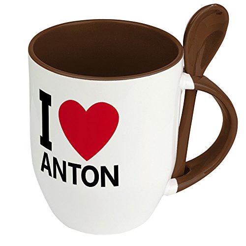 Namenstasse Anton - Löffel-Tasse mit Namens-Motiv "I Love Anton" - Becher, Kaffeetasse, Kaffeebecher, Mug - Braun von digital print