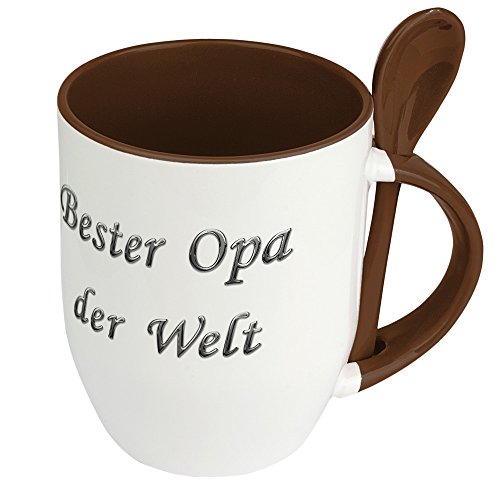 Namenstasse Bester Opa der Welt - Löffel-Tasse mit Namens-Motiv Chrom-Schriftzug - Becher, Kaffeetasse, Kaffeebecher, Mug - Braun von digital print