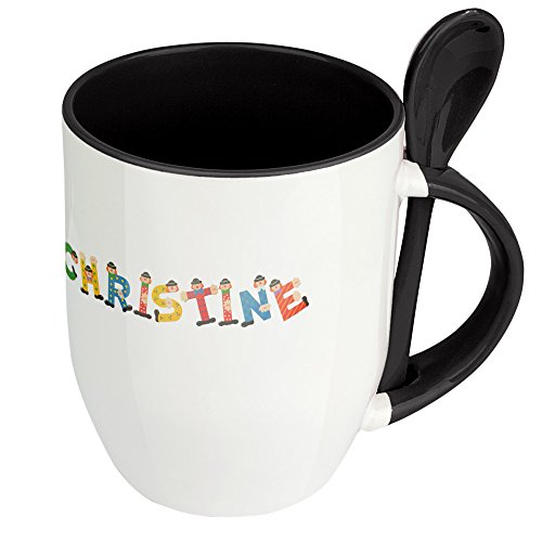 Namenstasse Christine - Löffel-Tasse mit Namens-Motiv Holzbuchstaben - Becher, Kaffeetasse, Kaffeebecher, Mug - Schwarz von digital print