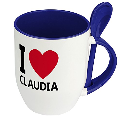 Namenstasse Claudia - Löffel-Tasse mit Namens-Motiv "I Love Claudia" - Becher, Kaffeetasse, Kaffeebecher, Mug - Blau von digital print