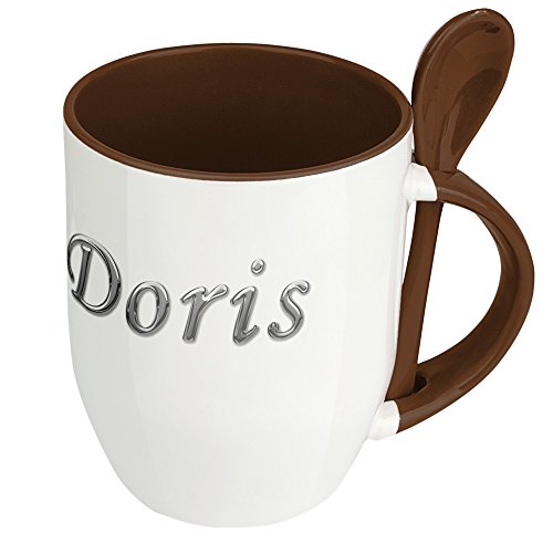 Namenstasse Doris - Löffel-Tasse mit Namens-Motiv Chrom-Schriftzug - Becher, Kaffeetasse, Kaffeebecher, Mug - Braun von digital print