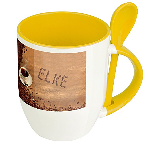 Namenstasse Elke - Löffel-Tasse mit Namens-Motiv Kaffeebohnen - Becher, Kaffeetasse, Kaffeebecher, Mug - Gelb von digital print