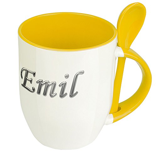 Namenstasse Emil - Löffel-Tasse mit Namens-Motiv Chrom-Schriftzug - Becher, Kaffeetasse, Kaffeebecher, Mug - Gelb von digital print